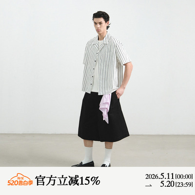 MANUFACTURE 古巴领条纹砂洗短袖衬衣