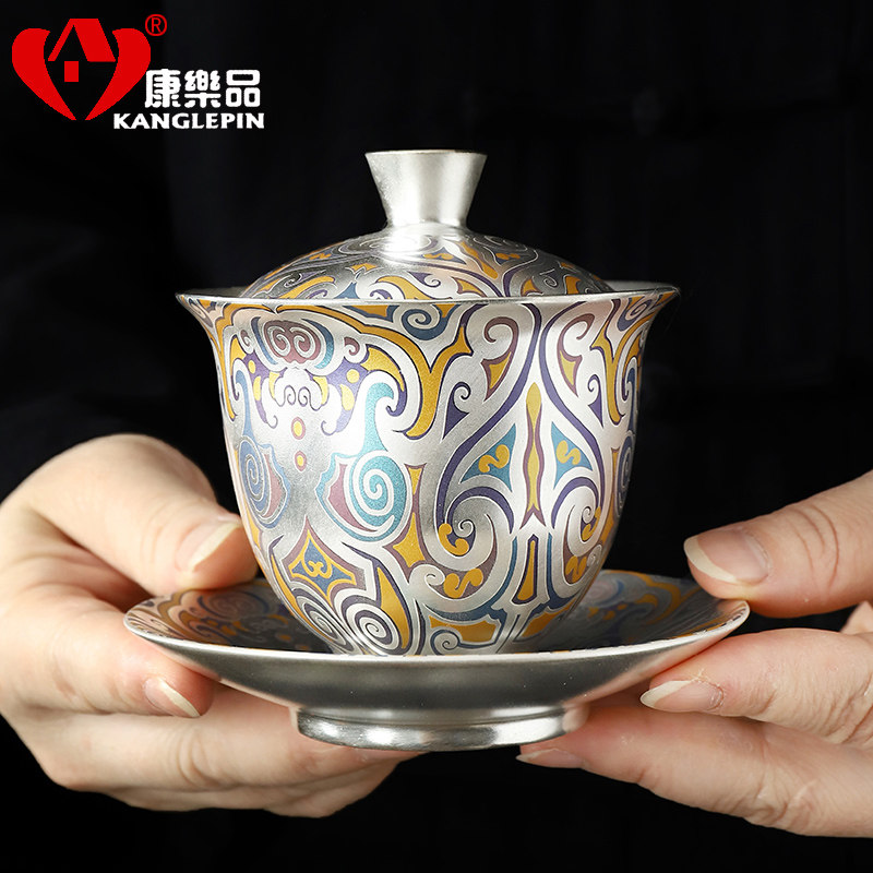 何赋森大师全手工鎏纯银999三才茶碗高档鎏银金银错盖碗功夫茶器