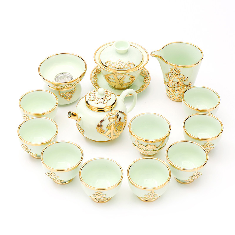康乐品景德镇高档金镶玉功夫茶具镶嵌福穗满满陶瓷喝茶整套商务礼