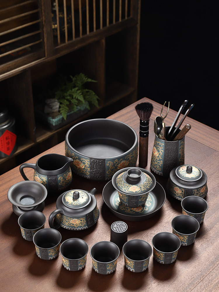 康乐品三亩陶紫砂如意缠枝盖碗茶具办公室家用茶壶全自动茶具