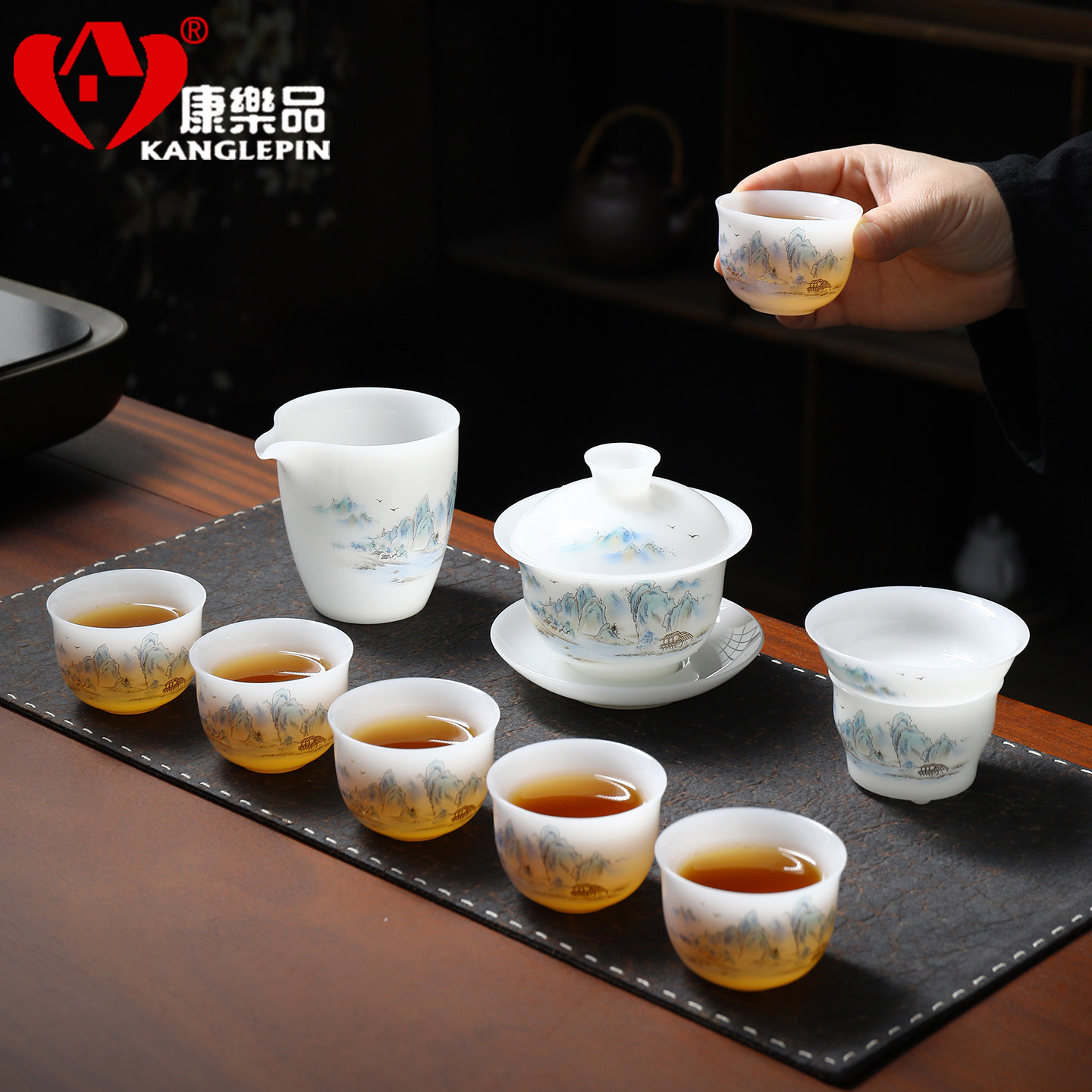 十二年品牌高档千里江山功夫茶具泡茶家用礼羊脂玉瓷冰种璞玉整套