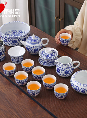 釉下青花陶瓷茶具套装家用办公盖碗茶杯室内高端茶器复古中式送礼