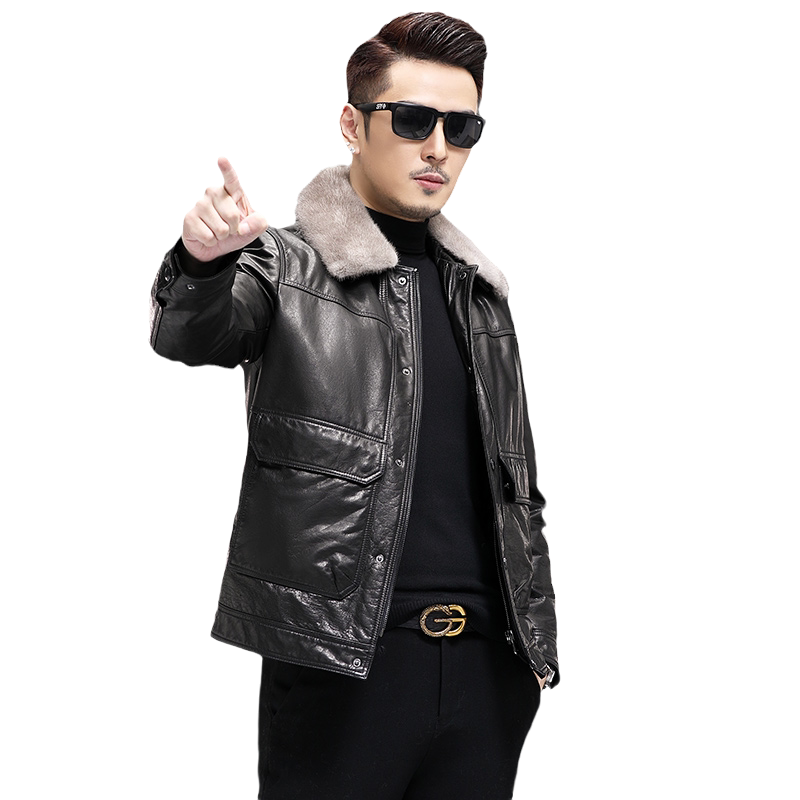 皮衣男真皮海宁油蜡牛皮水貂毛翻领夹克可脱卸羽绒内胆加厚外套