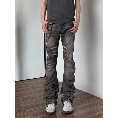 skinny水洗铆钉猫须弯刀牛仔裤男美式高街视觉系破洞修身微喇裤子