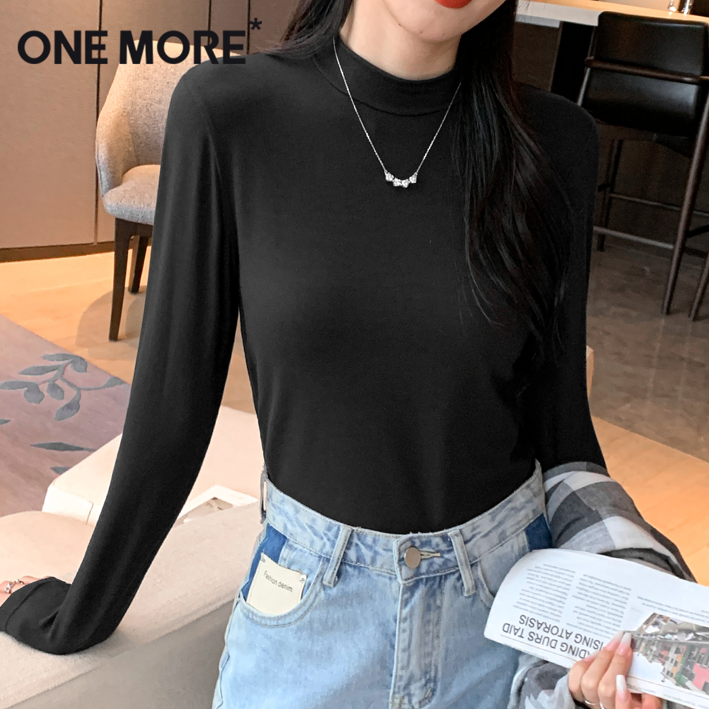 onemore德绒木耳领打底衫