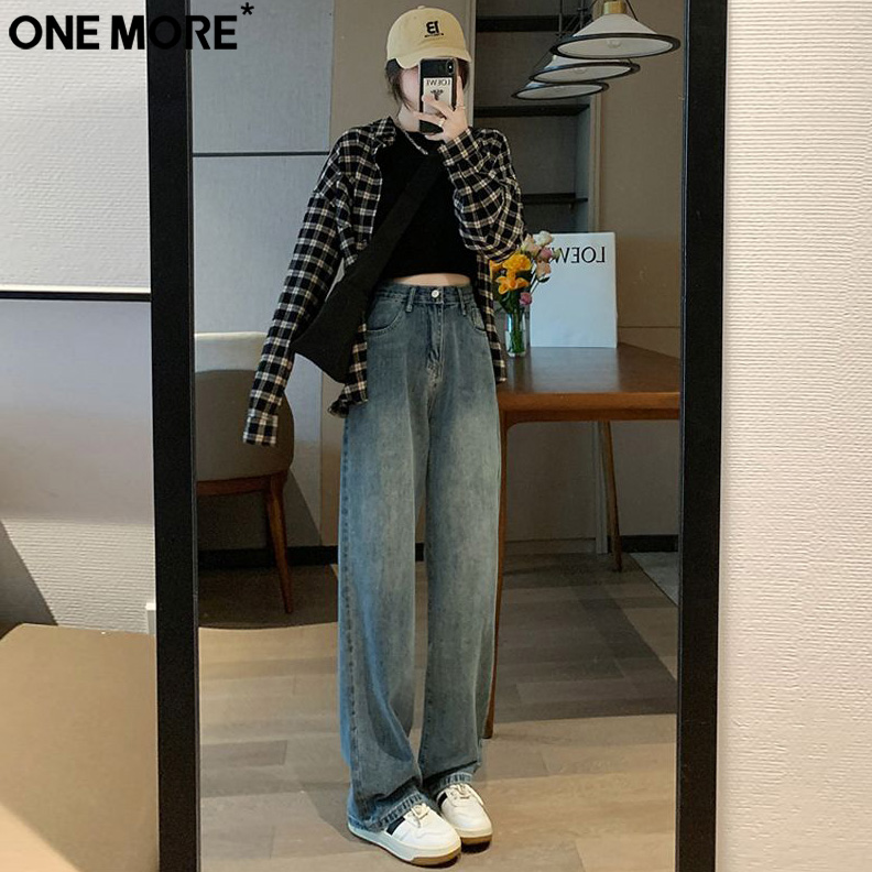 One More美式怀旧复古直筒牛仔裤女夏季宽松薄款百搭小个子阔腿裤