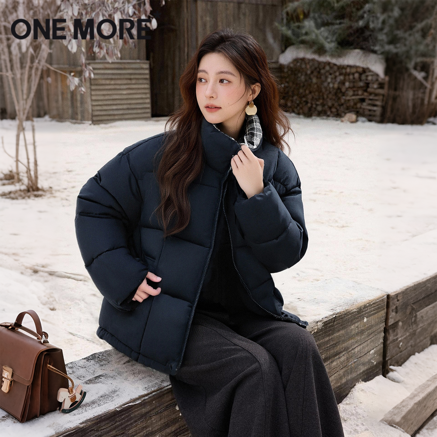 onemore拼接棉服女加绒加厚