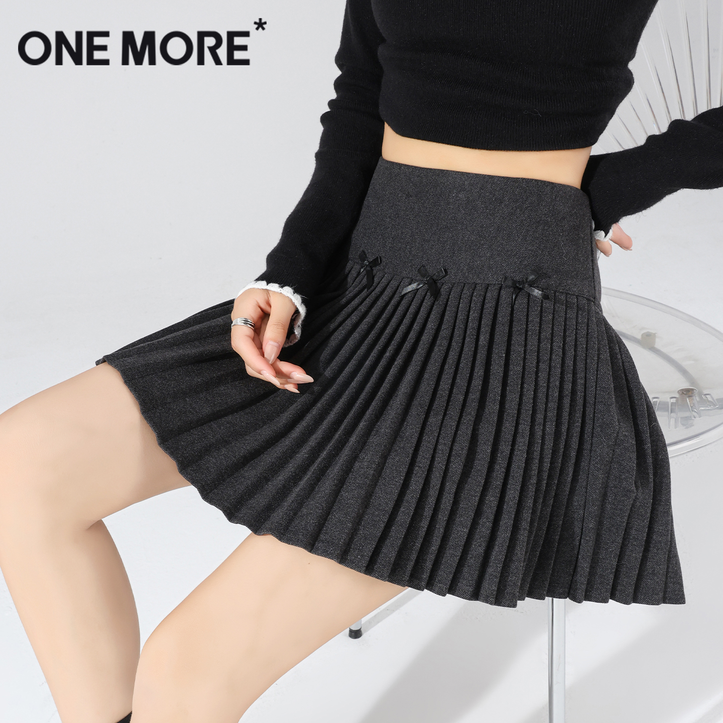 onemore女纯色蝴蝶结百褶裙