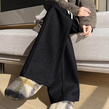 one more直筒加绒休闲裤女2025年冬季新款加厚保暖高腰阔腿裤长裤