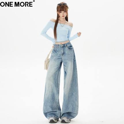 One More美式潮流复古阔腿牛仔裤女2026春新款直筒宽松显瘦弯刀裤