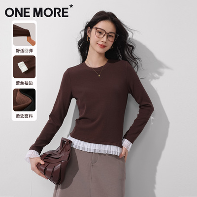 onemore蕾丝拼接长袖t恤