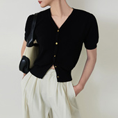 v领短款 one t恤 打底上衣女设计感法式 泡泡袖 more高级感针织衫 短袖