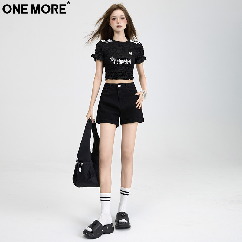 One More美式弹力紧身牛仔短裤女夏季高个子黑色宽松显瘦a字