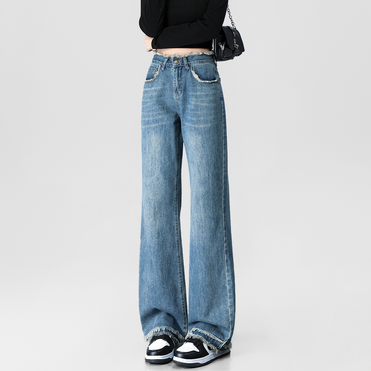 one more窄版牛仔裤女新款2025高腰显瘦宽松休闲百搭垂感长裤子