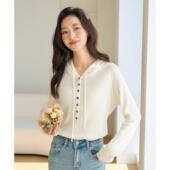 one 卫衣 上衣女温柔风长袖 more软糯抽绳纯色连帽纽扣长袖 针织衫