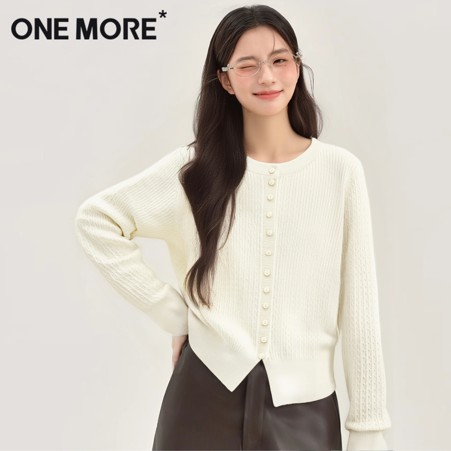 onemore绞花开叉针织开衫
