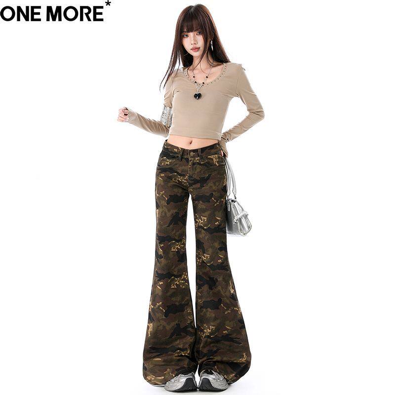 One More美式低腰微喇迷彩牛仔裤女2026春季新款修身显瘦