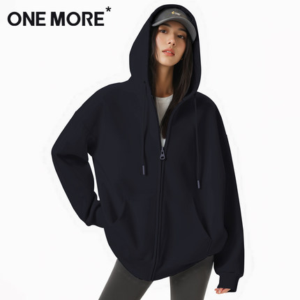 one more空气棉外套女2025新款秋冬藏青色连帽开衫女士加绒卫衣X