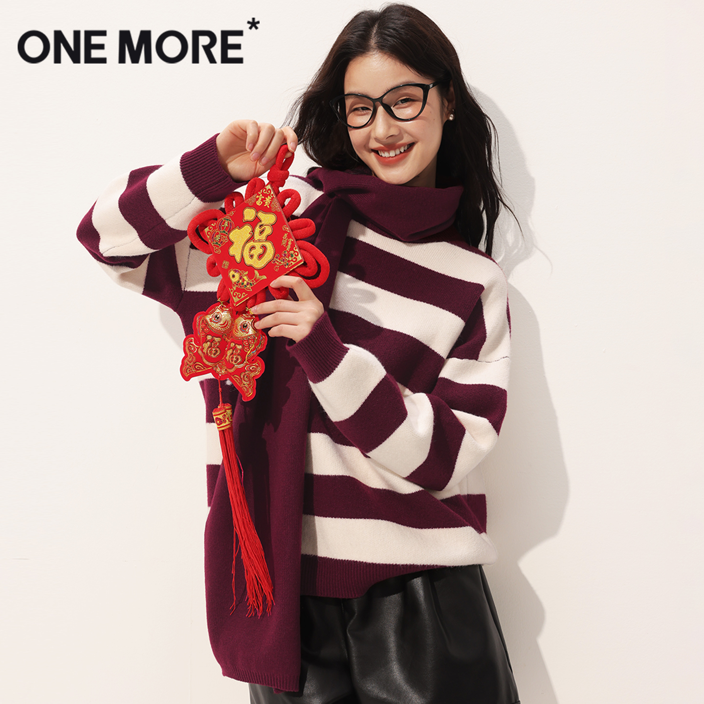 onemore围脖条纹针织衫女