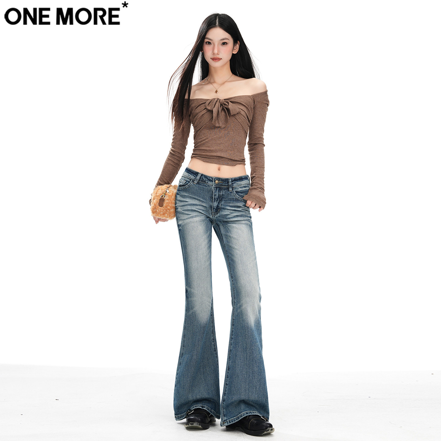One More美式辣妹低腰微喇牛仔裤女秋冬季新款弹力显瘦紧身喇
