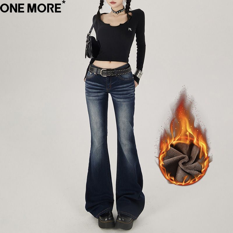 One More辣妹复古微喇加绒牛仔裤女冬季新款加厚保暖低腰喇叭裤子