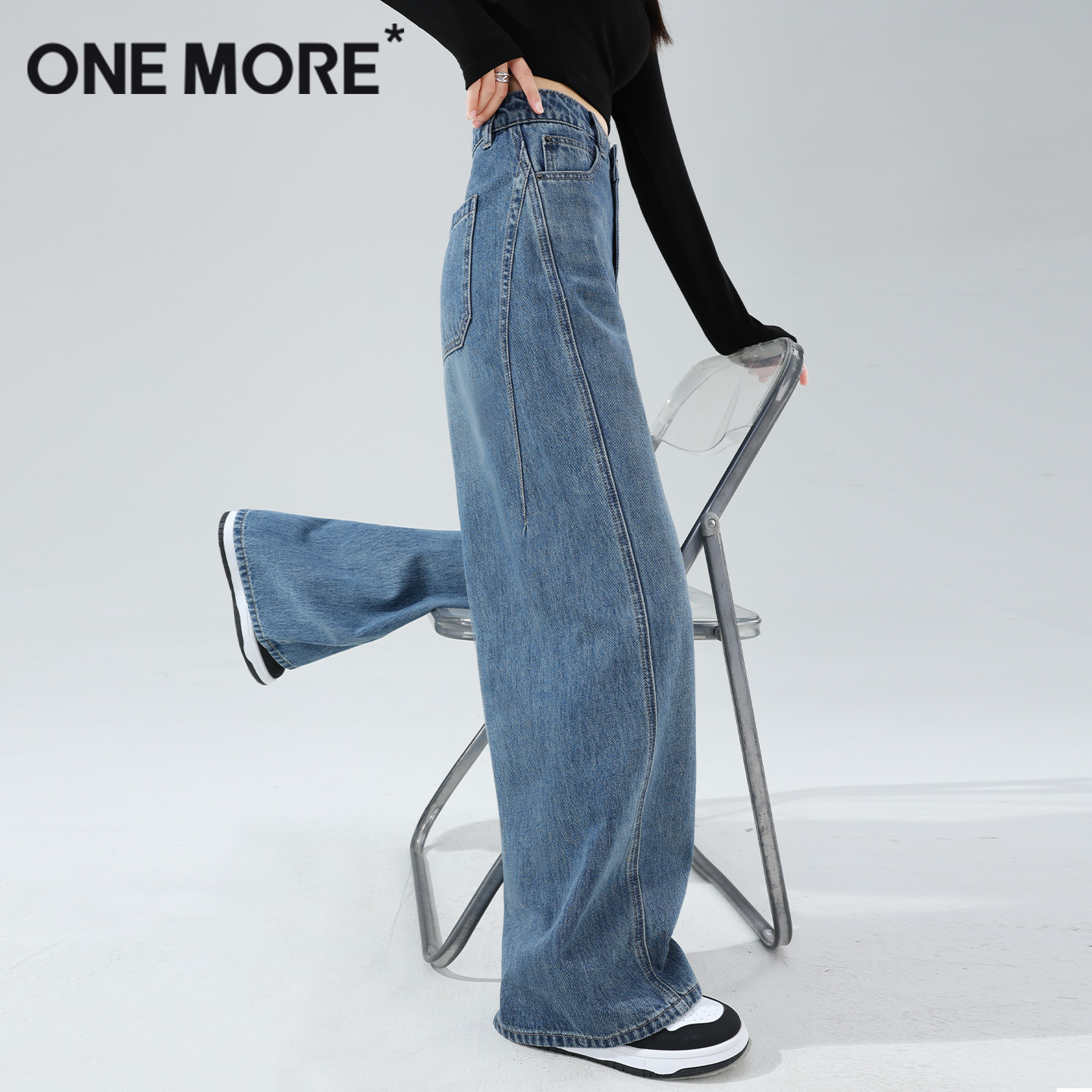 onemore弯刀阔腿牛仔裤