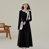 one 裙子 长裙长袖 more秋新款 针织连衣裙女高级感蝴蝶结小黑裙修身