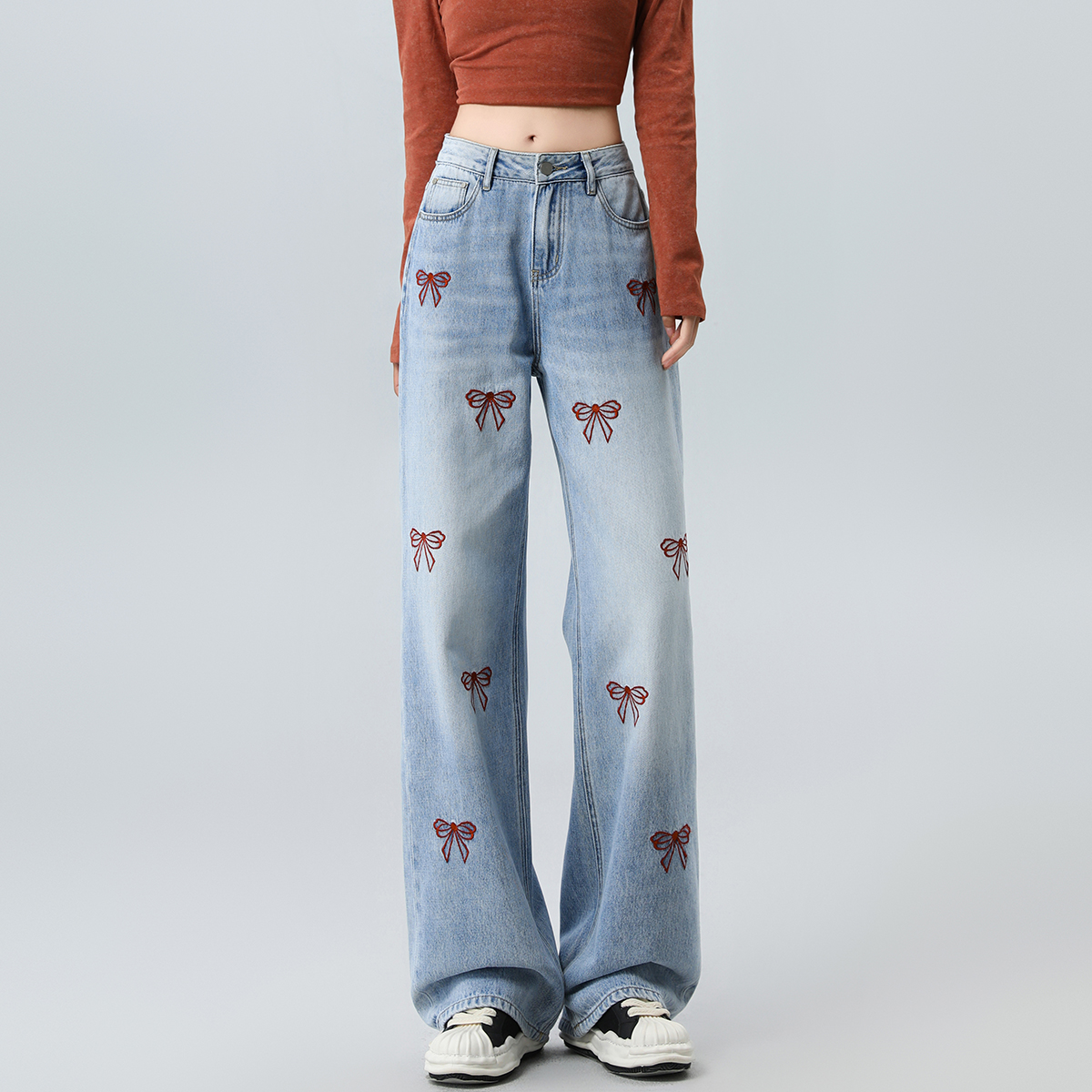 onemore阔腿裤长裤刺绣蝴蝶高腰