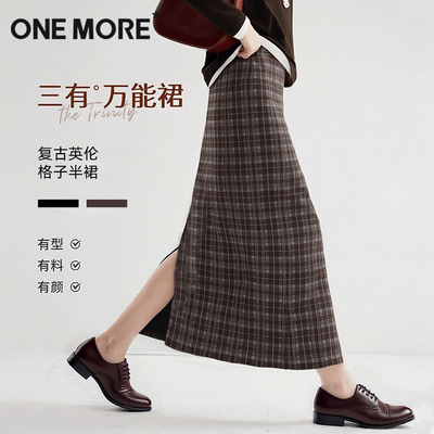 onemore秋冬格纹半身裙