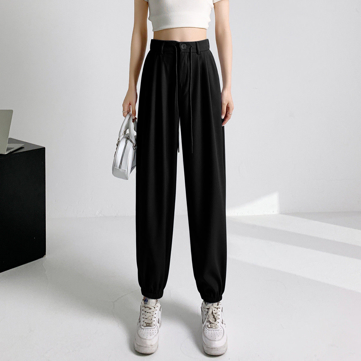 one more休闲抽绳束脚裤夏季百搭小个子高腰西装垂感宽松哈伦