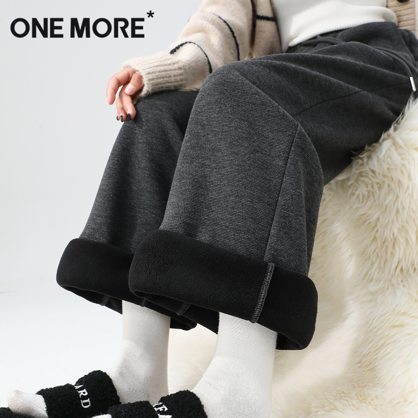 onemore加绒羊毛醋酸阔腿裤