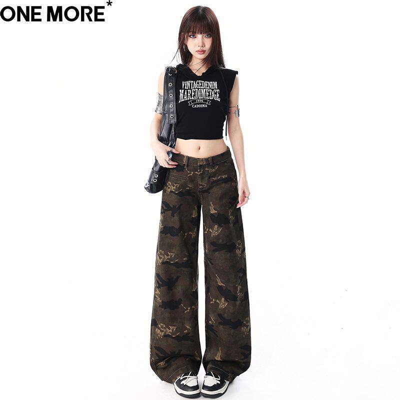 One More潮流工装低腰迷彩牛仔裤女春夏季新款百搭直筒宽松阔