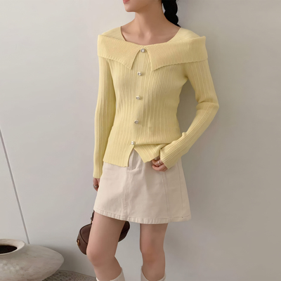 一字领排扣针织开衫女