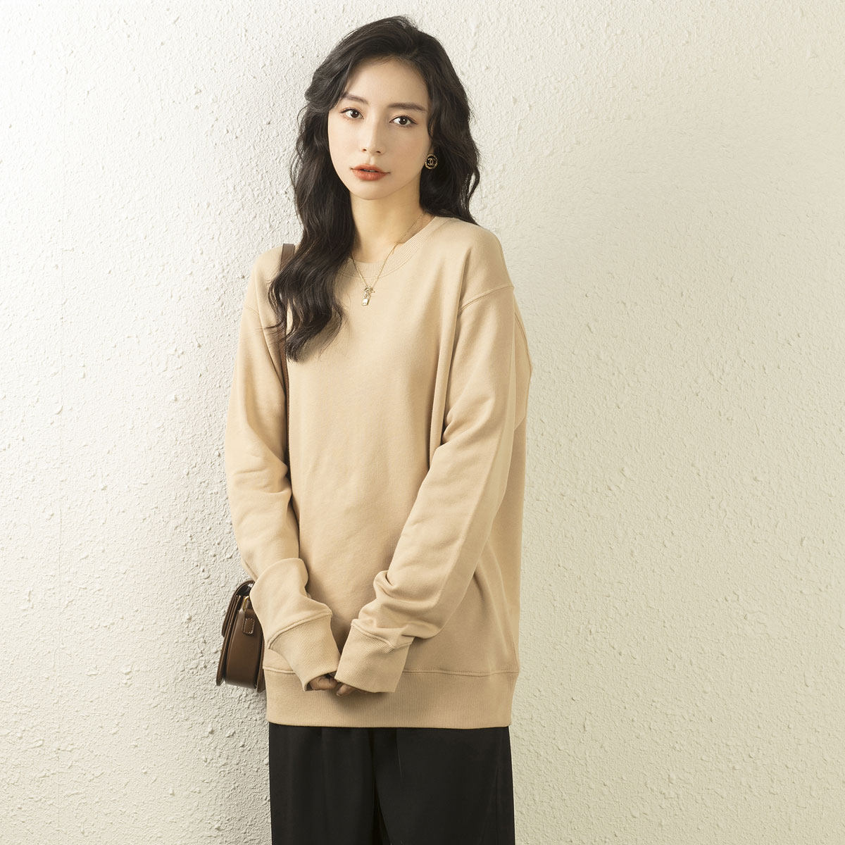 one more纯棉圆领卫衣女秋2025新款韩版简约宽松休闲百搭