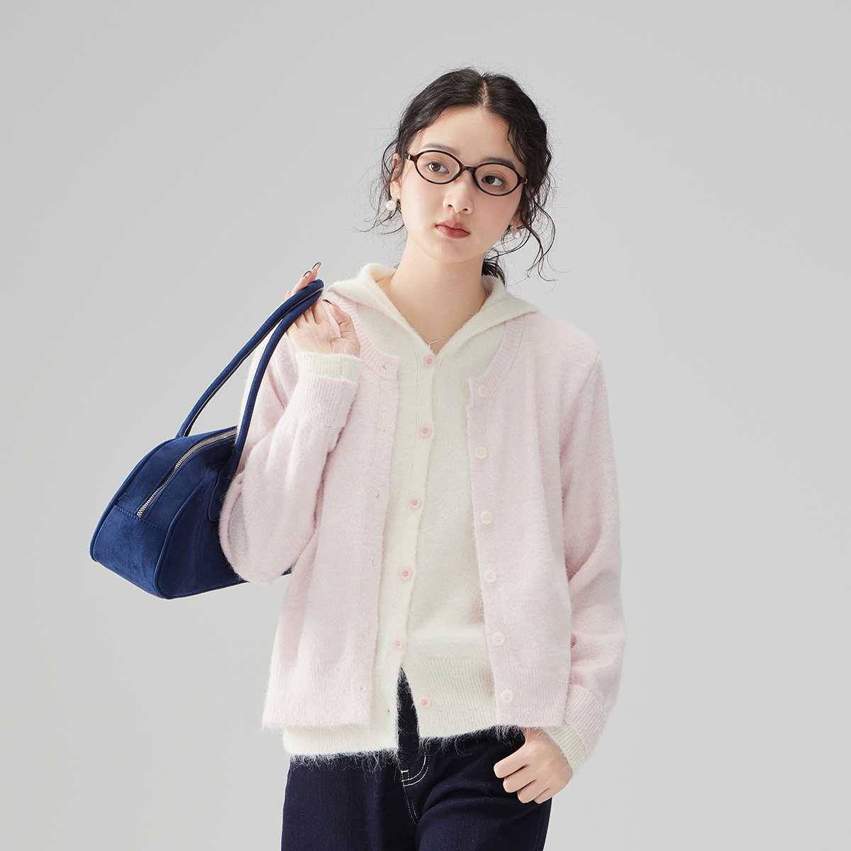 设计感连帽针织衫假两件上衣女