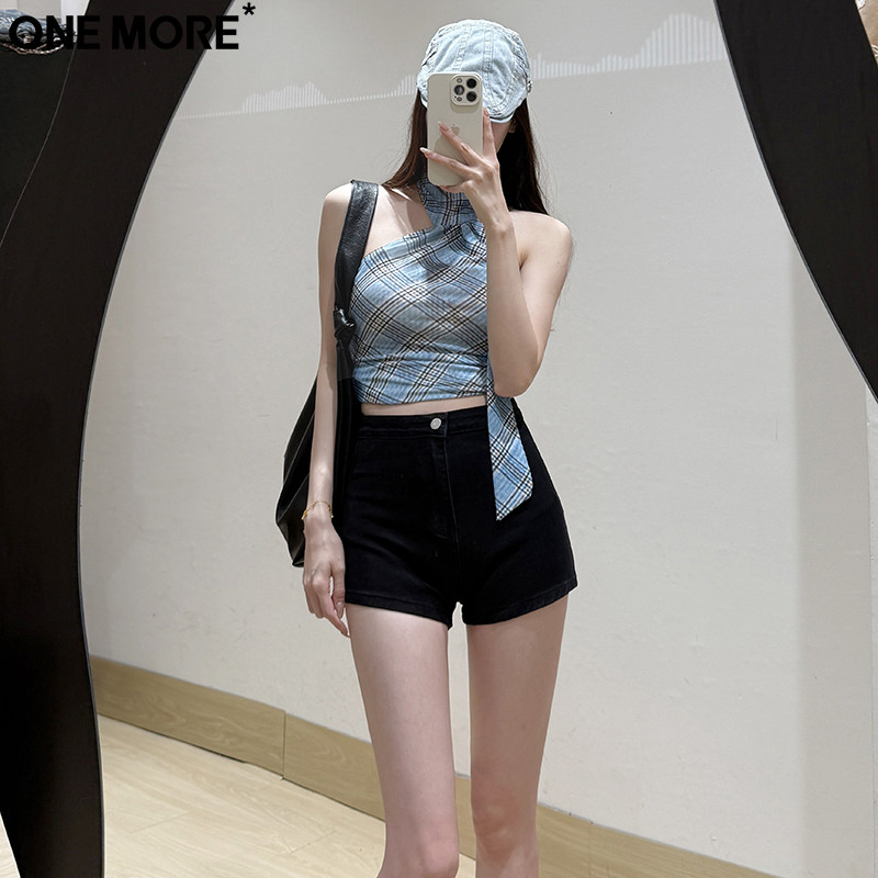 One More辣妹修身高腰黑色牛仔短裤女夏季新款百搭紧身显瘦热