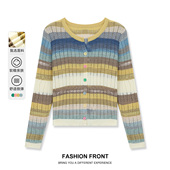 one 上衣外套 百搭彩虹条纹休闲长袖 more撞色针织开衫 女2025冬新款
