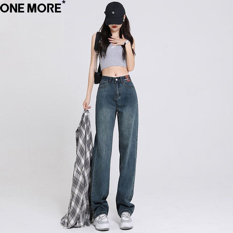 One More高街复古薄款阔腿牛仔裤女夏季新款拖地垂感宽松直筒裤女