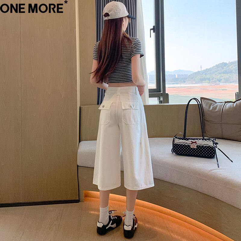 One More韩版拼接白色牛仔短裤女夏季新款宽松直筒中裤阔腿六
