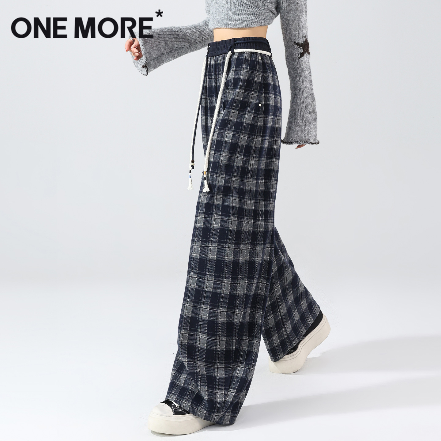 onemore格纹装饰带弯刀裤