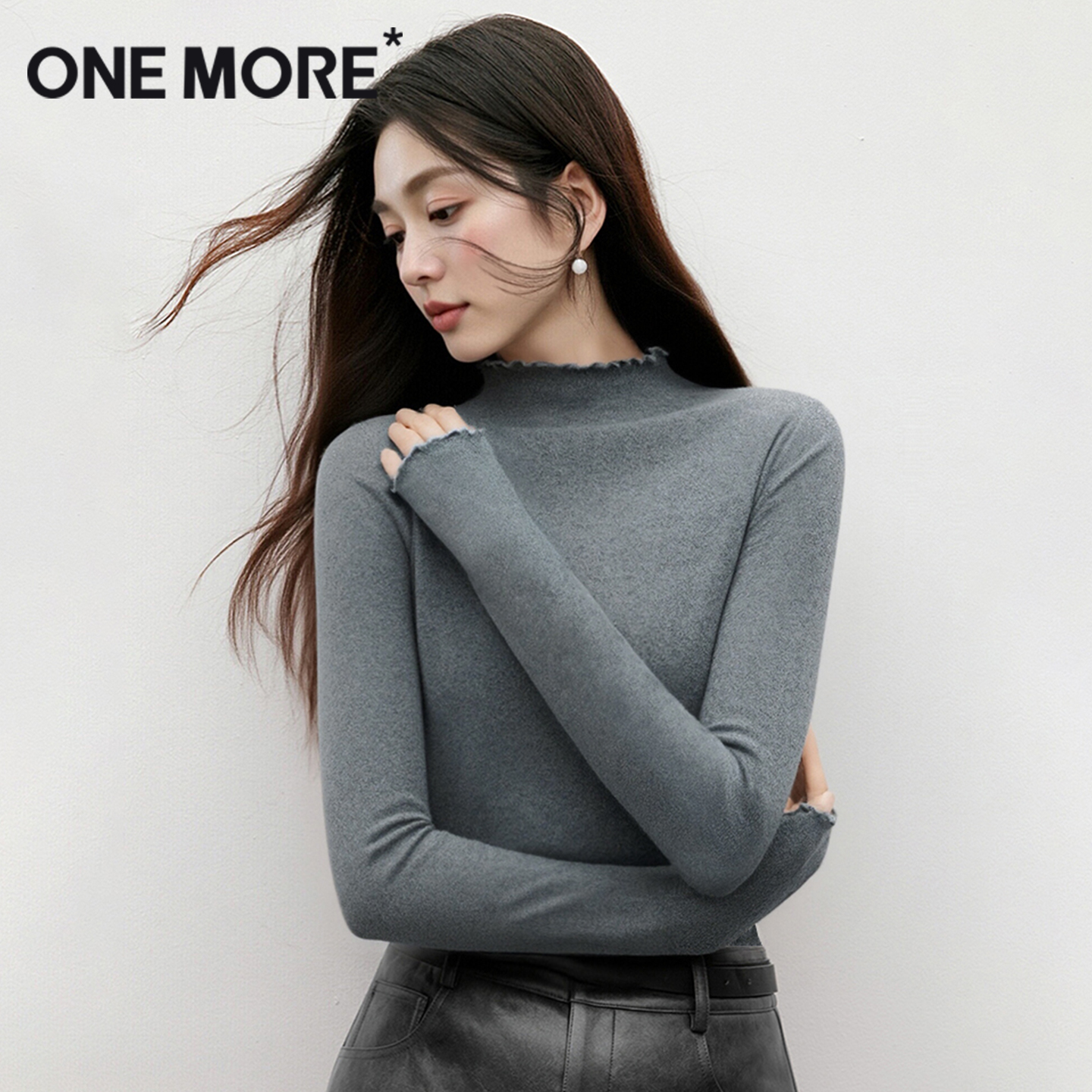 onemore德绒木耳领打底衫