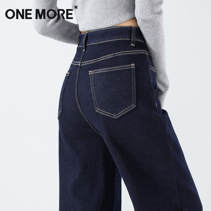 one more加绒牛仔裤子女秋冬季2025新款阔腿裤丹宁蓝加厚直筒裤Y