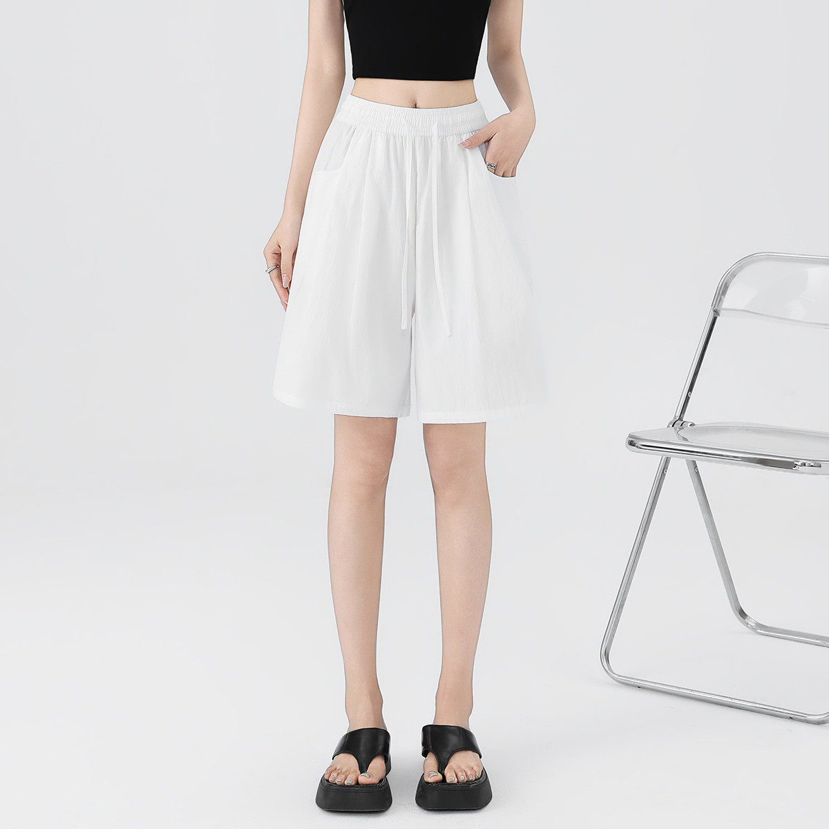 one more复古休闲五分裤女2025薄款松紧高腰通勤时尚百搭