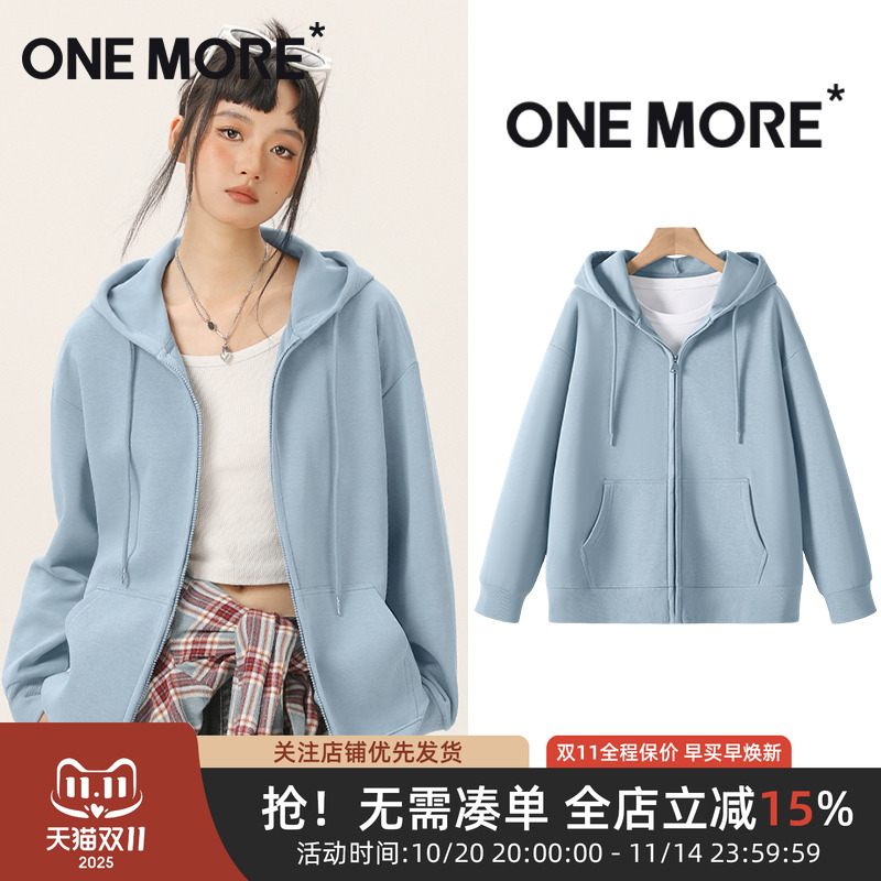 one more文墨卫衣外套女2025新款春季蓝色运动开春连帽拉链开衫Y