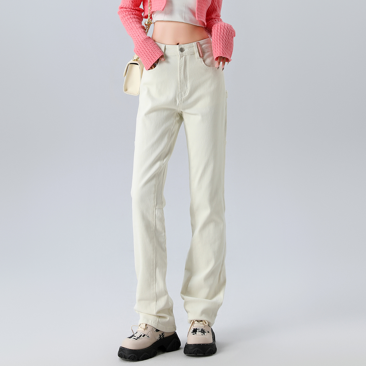 onemore直筒长裤窄版高腰牛仔裤