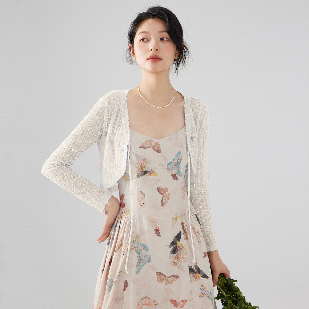 one more外搭冰丝针织开衫2025夏季新款长袖罩衫百搭系带