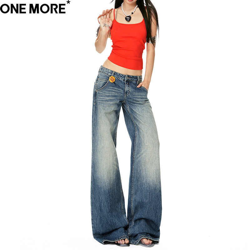 One More美式重工水洗低腰阔腿牛仔裤女春季新款宽松显瘦直筒