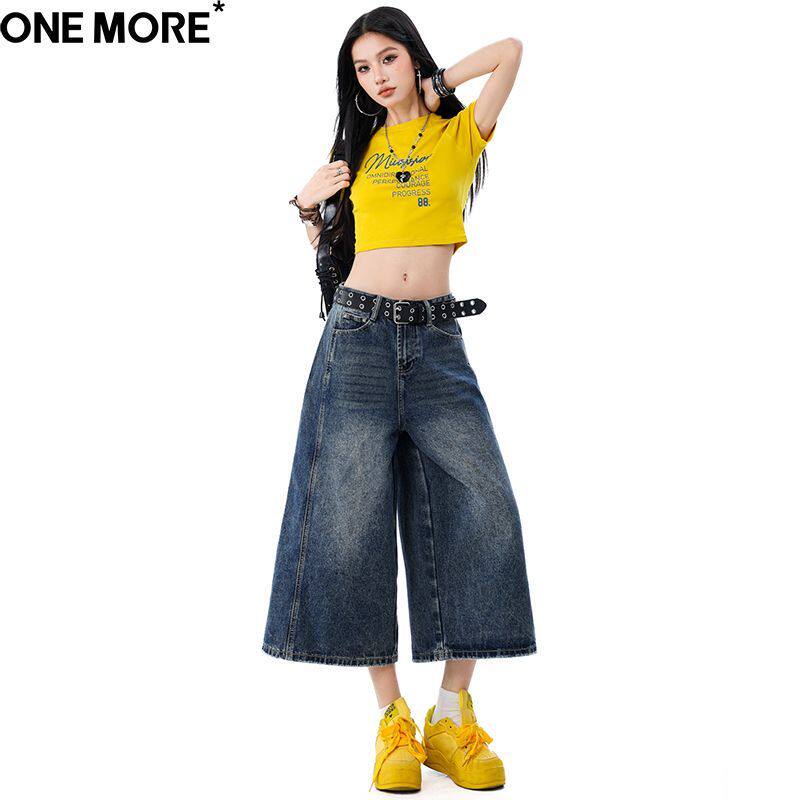 One More美式水洗做旧七分牛仔短裤女夏季高腰宽松显瘦直筒阔