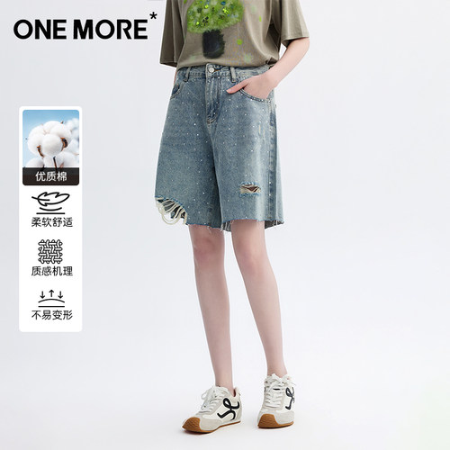 one more2026夏季复古高腰阔腿裤女破洞短裤潮辣妹牛仔裤五分薄款