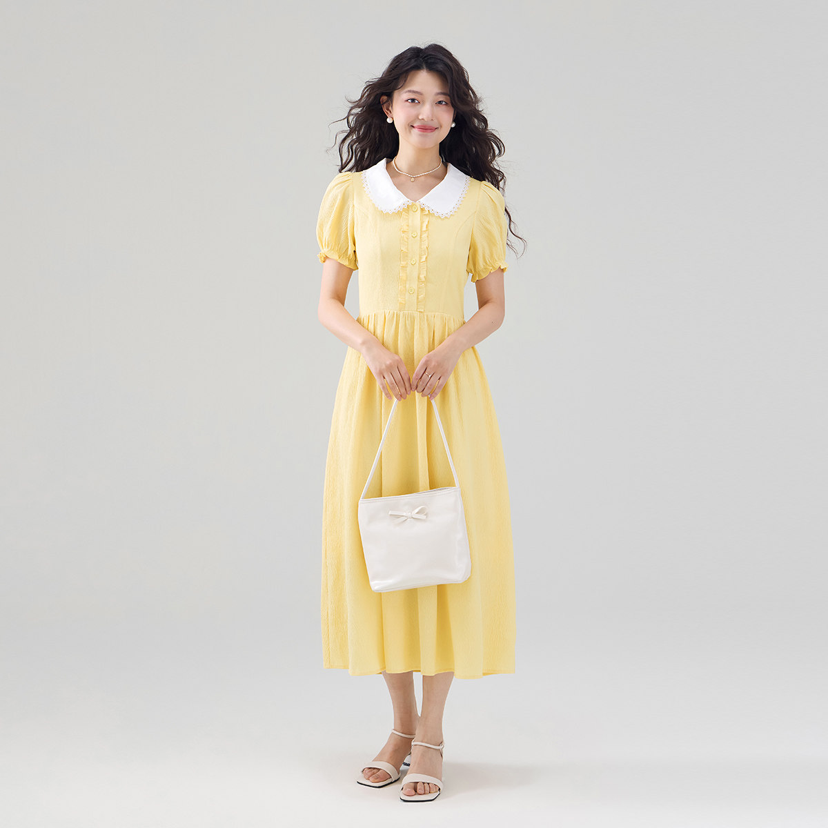 夏季短袖娃娃领法式a字连衣裙女士气质高级感洋气泡泡袖收腰裙子